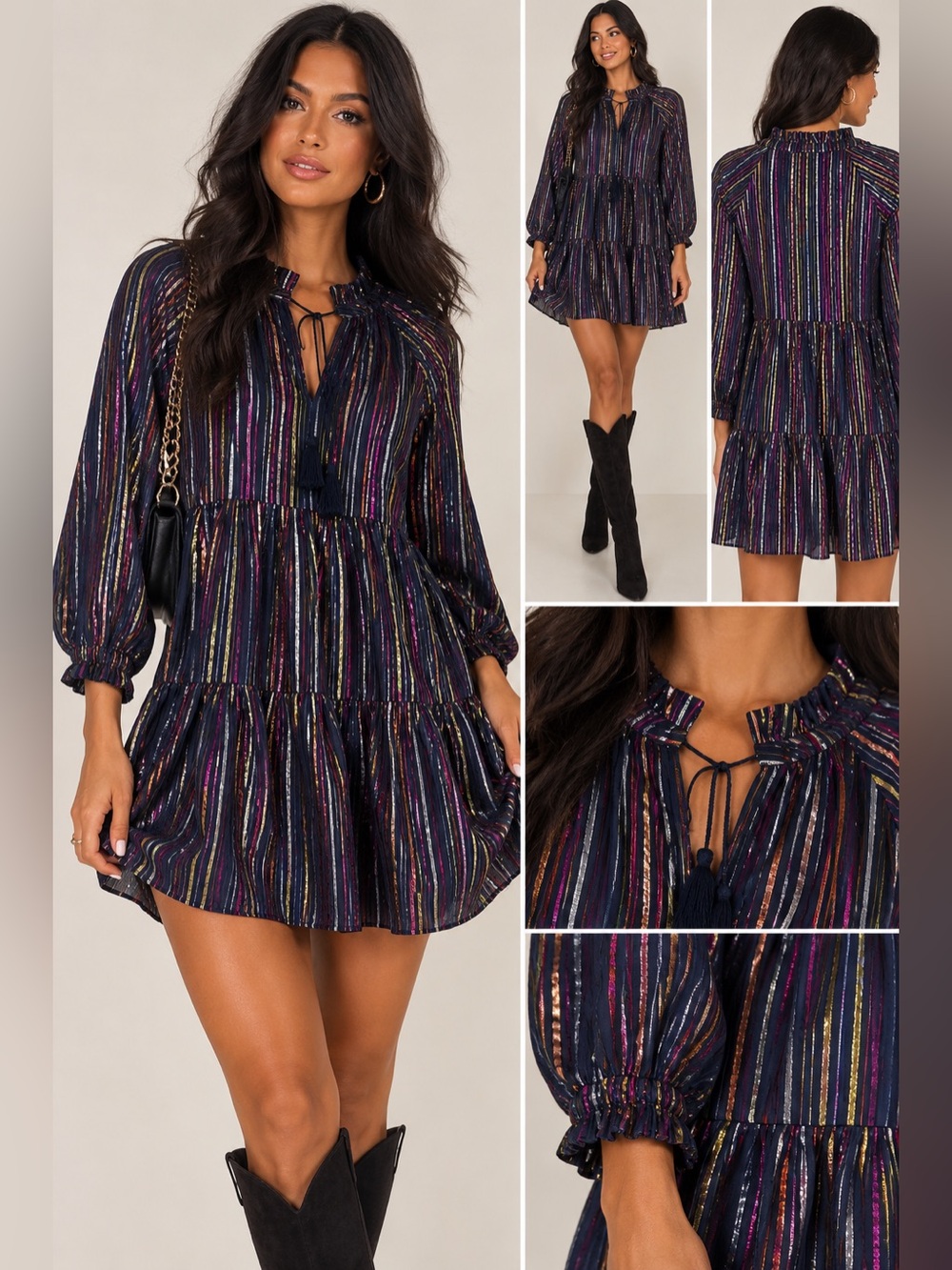 Roller Rabbit Janni Rainbow Lurex Metallic Stripe Tiered Dress Navy M